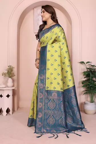 lemon morpich silk blend banarasi saree with unstitched blouse piece