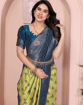 lemon morpich silk blend banarasi saree with unstitched blouse piece 1