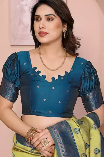 lemon morpich silk blend banarasi saree with unstitched blouse piece