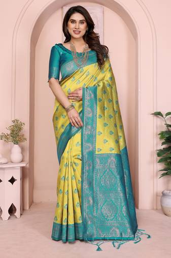 lemon rama  soft art silk blend banarasi jacuard work designer party wear saree with unstitched blouse piece