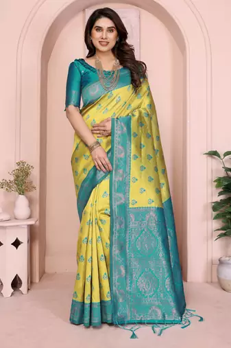 lemon rama silk blend banarasi saree with unstitched blouse piece