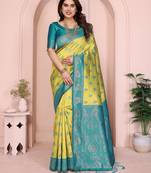 lemon rama  soft art silk blend banarasi jacuard work designer party wear saree with unstitched blouse piece