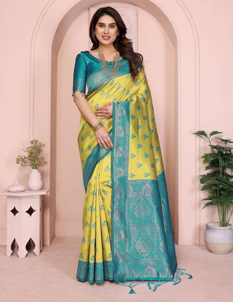 lemon rama  soft art silk blend banarasi jacuard work designer party wear saree with unstitched blouse piece