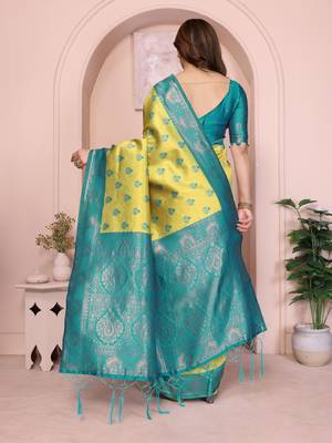 lemon rama silk blend banarasi saree with unstitched blouse piece 3