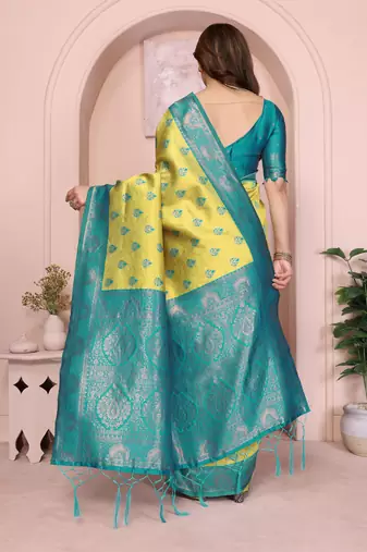 lemon rama silk blend banarasi saree with unstitched blouse piece