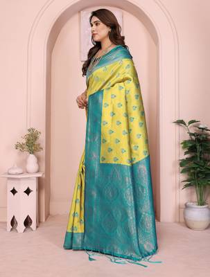 lemon rama silk blend banarasi saree with unstitched blouse piece 4