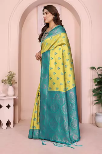 lemon rama silk blend banarasi saree with unstitched blouse piece