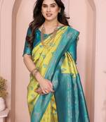 lemon rama silk blend banarasi saree with unstitched blouse piece