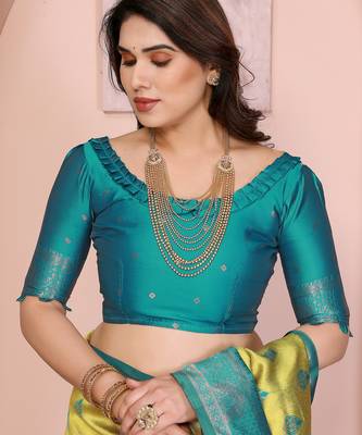 lemon rama silk blend banarasi saree with unstitched blouse piece 5