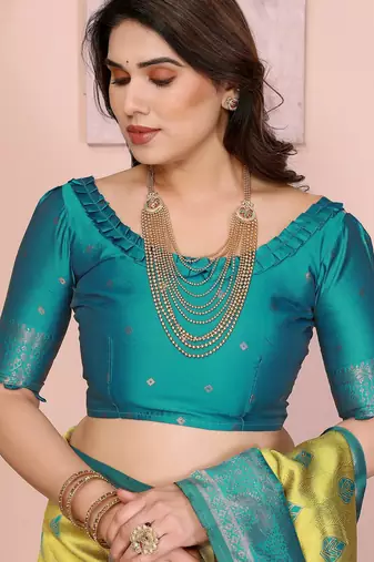 lemon rama silk blend banarasi saree with unstitched blouse piece