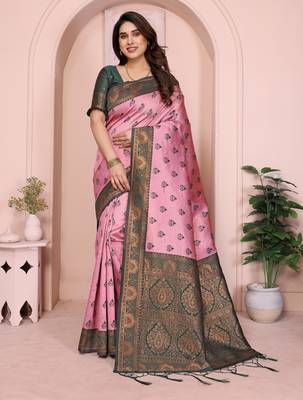 light pink green silk blend banarasi saree with unstitched blouse piece 2