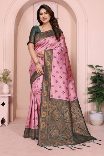 light pink green  soft art silk blend banarasi jacuard work designer party wear saree with unstitched blouse piece