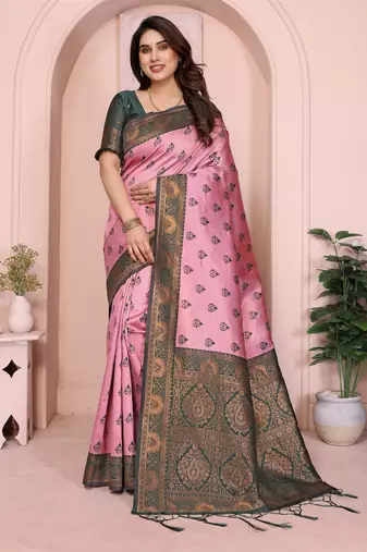 light pink green silk blend banarasi saree with unstitched blouse piece