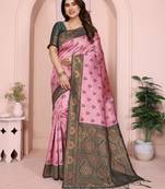 light pink green  soft art silk blend banarasi jacuard work designer party wear saree with unstitched blouse piece