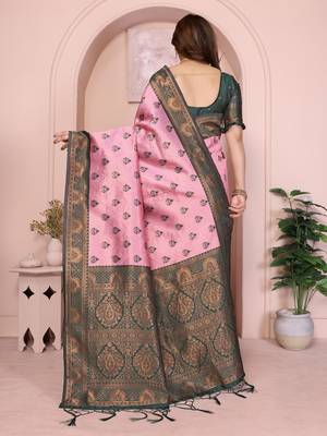 light pink green silk blend banarasi saree with unstitched blouse piece 3