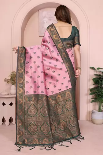 light pink green silk blend banarasi saree with unstitched blouse piece