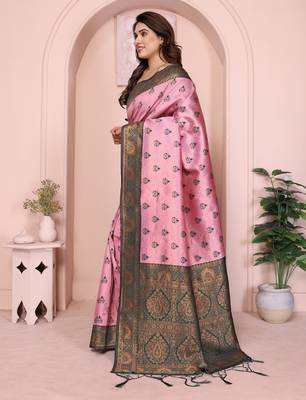 light pink green silk blend banarasi saree with unstitched blouse piece 4