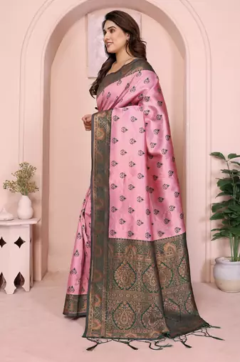 light pink green silk blend banarasi saree with unstitched blouse piece