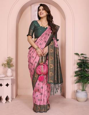 light pink green silk blend banarasi saree with unstitched blouse piece 1