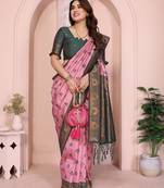 light pink green silk blend banarasi saree with unstitched blouse piece