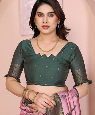 light pink green silk blend banarasi saree with unstitched blouse piece 5