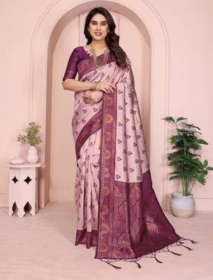 peach wine silk blend banarasi saree with unstitched blouse piece 2