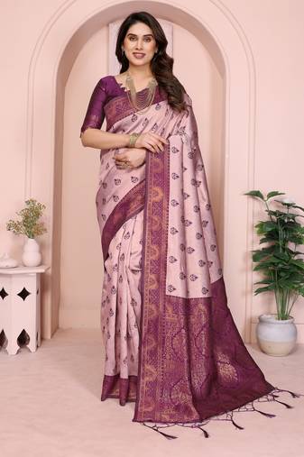 peach wine  soft art silk blend banarasi jacuard work designer party wear saree with unstitched blouse piece