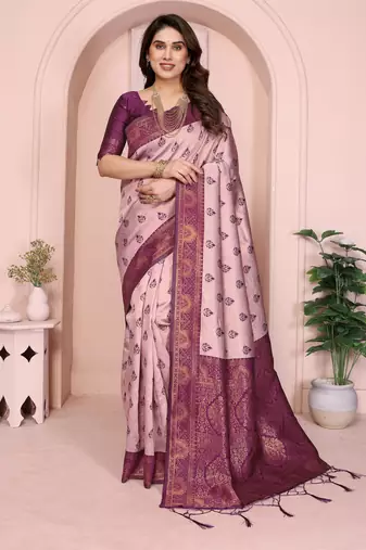 peach wine silk blend banarasi saree with unstitched blouse piece