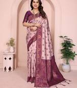 peach wine  soft art silk blend banarasi jacuard work designer party wear saree with unstitched blouse piece