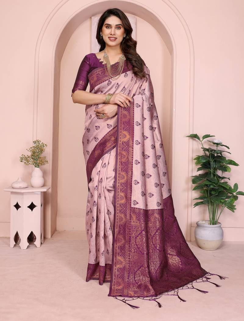 peach wine  soft art silk blend banarasi jacuard work designer party wear saree with unstitched blouse piece