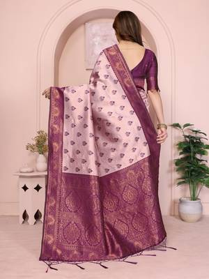 peach wine silk blend banarasi saree with unstitched blouse piece 3