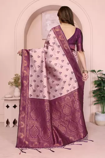 peach wine silk blend banarasi saree with unstitched blouse piece