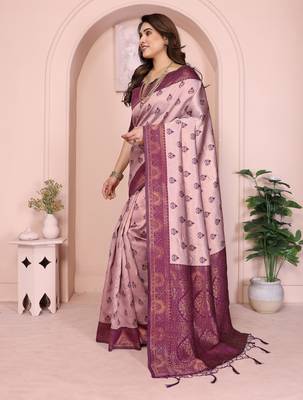 peach wine silk blend banarasi saree with unstitched blouse piece 4
