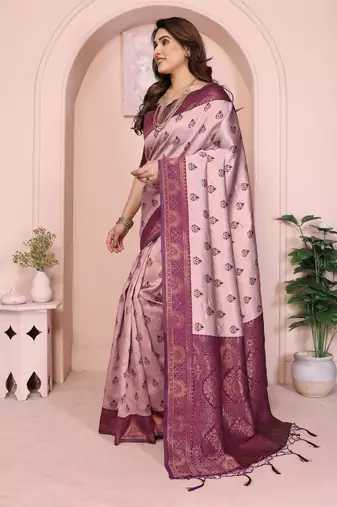 peach wine silk blend banarasi saree with unstitched blouse piece