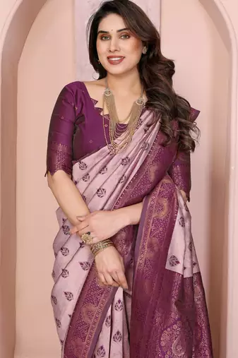 peach wine  soft art silk blend banarasi jacuard work designer party wear saree with unstitched blouse piece