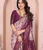 peach wine silk blend banarasi saree with unstitched blouse piece