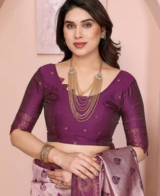 peach wine silk blend banarasi saree with unstitched blouse piece 5