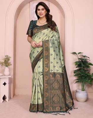 pist green silk blend banarasi saree with unstitched blouse piece 2