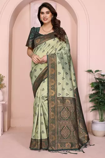 pist green silk blend banarasi saree with unstitched blouse piece