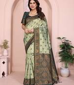 pist green  soft art silk blend banarasi jacuard work designer party wear saree with unstitched blouse piece