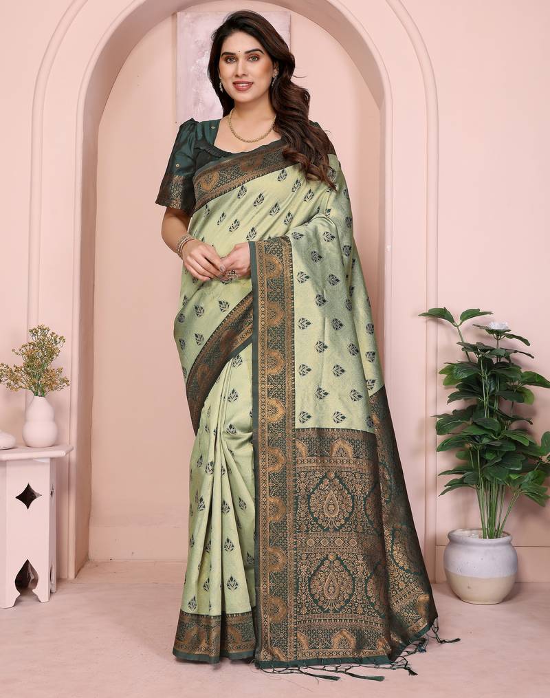 pist green  soft art silk blend banarasi jacuard work designer party wear saree with unstitched blouse piece