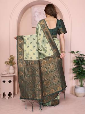 pist green silk blend banarasi saree with unstitched blouse piece 3