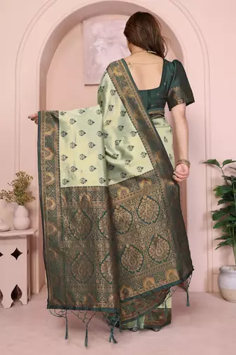 pist green silk blend banarasi saree with unstitched blouse piece