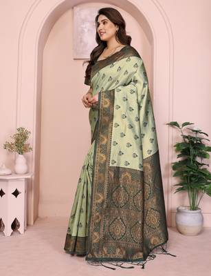 pist green silk blend banarasi saree with unstitched blouse piece 4