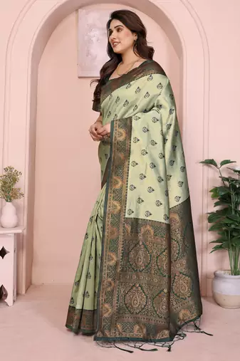 pist green silk blend banarasi saree with unstitched blouse piece