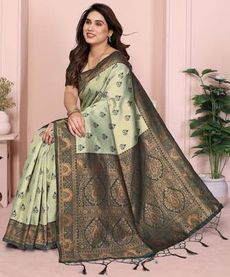 pist green silk blend banarasi saree with unstitched blouse piece 1