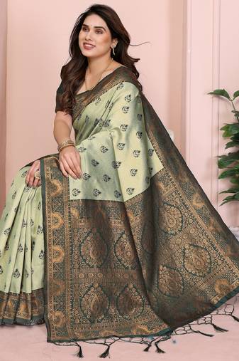 pist green  soft art silk blend banarasi jacuard work designer party wear saree with unstitched blouse piece