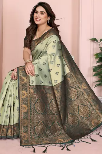 pist green  soft art silk blend banarasi jacuard work designer party wear saree with unstitched blouse piece