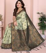 pist green silk blend banarasi saree with unstitched blouse piece
