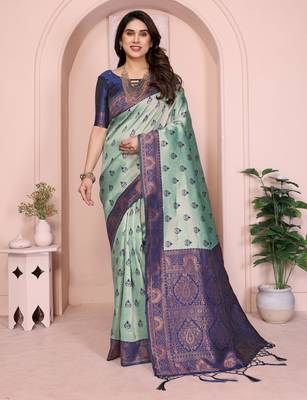 rama blue silk blend banarasi saree with unstitched blouse piece 2